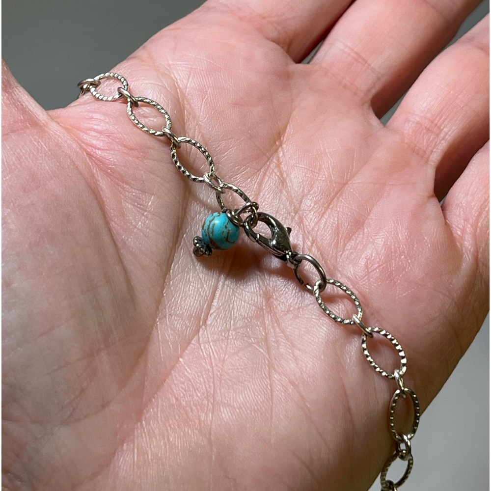 Handmade silver necklace with a bird, purple and turquoise beads - Picture 6 of 8
